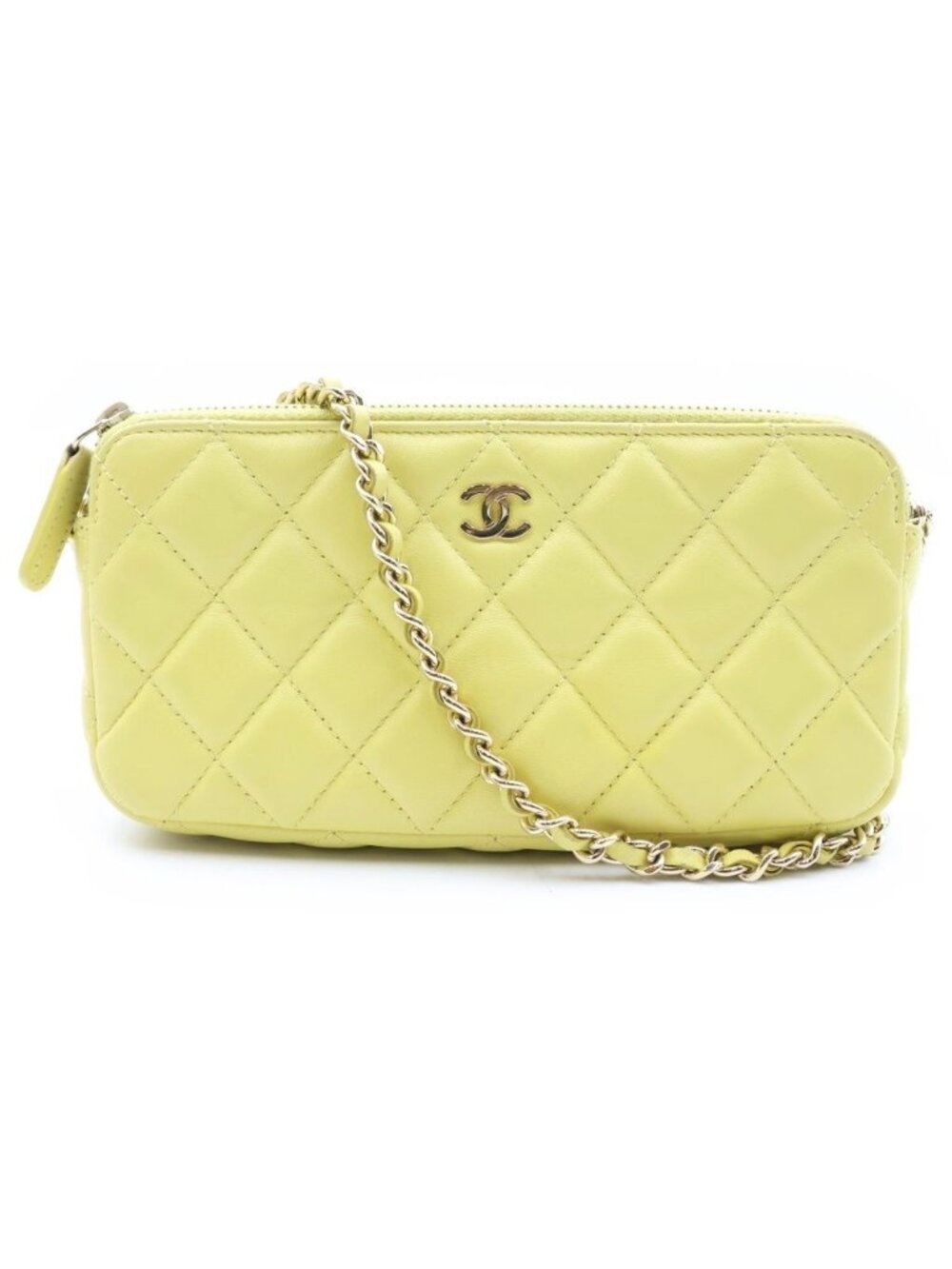 Chanel Quilted Lambskin Leather Chain Wallet Shoulder Bag Gold Yellow